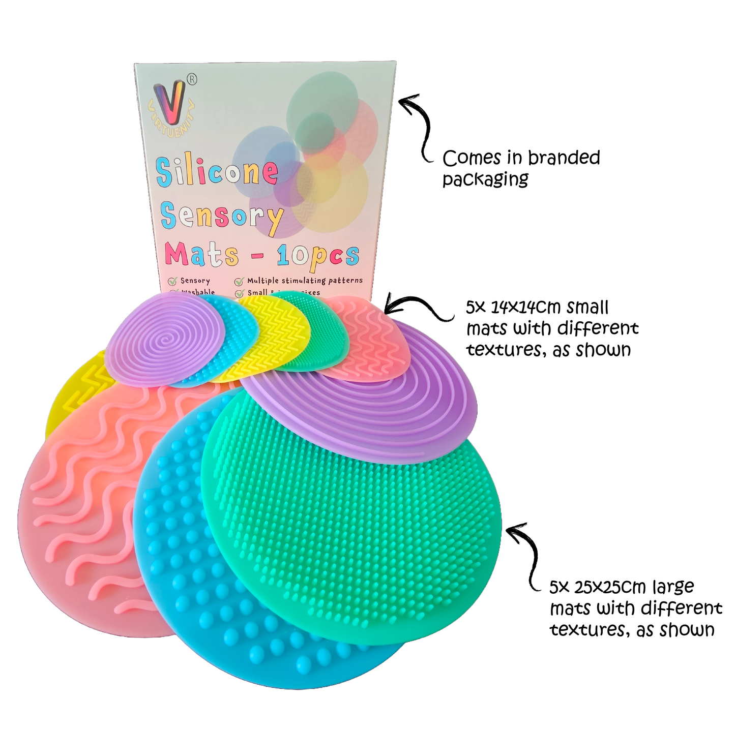 VIRTUENITY 10pc Sensory Silicone Mats. 5 Large (25cm) & 5 Small (14cm) | Colourful Stepping Stones for Autism, ADHD, Special Needs | Flexible, Washable, Portable Ideal for Schools & Home